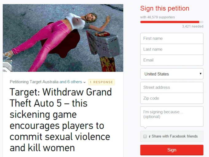 Screenshot of Change.org petition asking Target to withdraw Grand Theft Auto 5