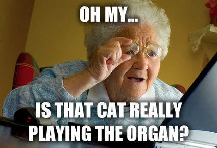 Grandma Finds the Internet — Elderly woman with captions 'OH MY... / IS THAT CAT REALLY PLAYING THE ORGAN?'