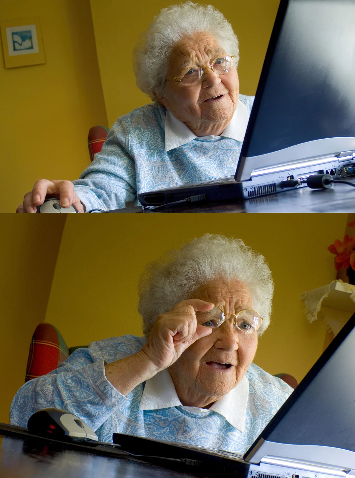 Grandma Finds the Internet — Two-panel image of elderly woman in light blue cardigan with confused and curious expressions at computer.