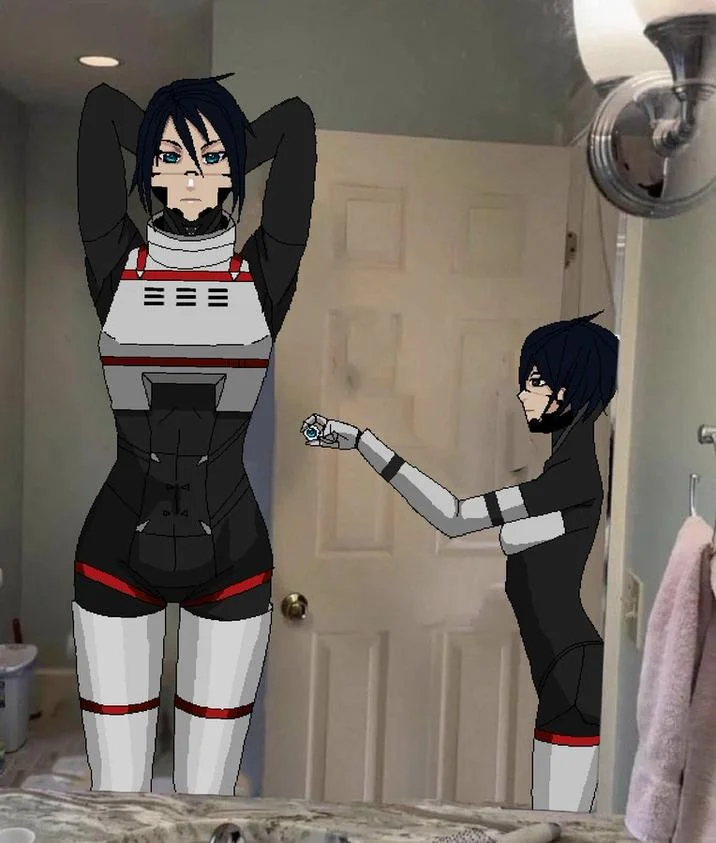 Grandma Taking Photo of Grandson In Bathroom Mirror — Anime characters in armored outfits replacing the figures in the bathroom mirror meme.