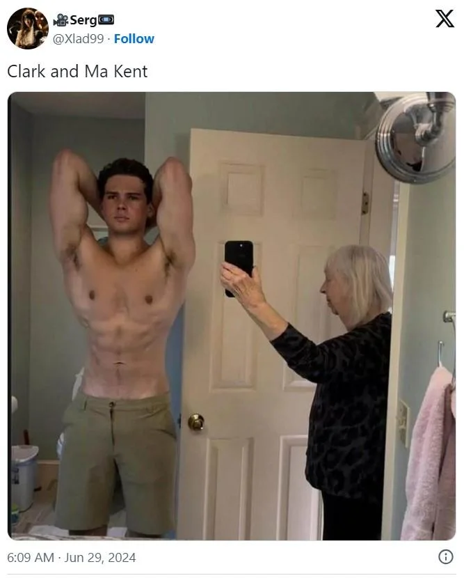 Grandma Taking Photo of Grandson In Bathroom Mirror — Twitter screenshot captioning the meme as 'Clark and Ma Kent' in a Superman reference.