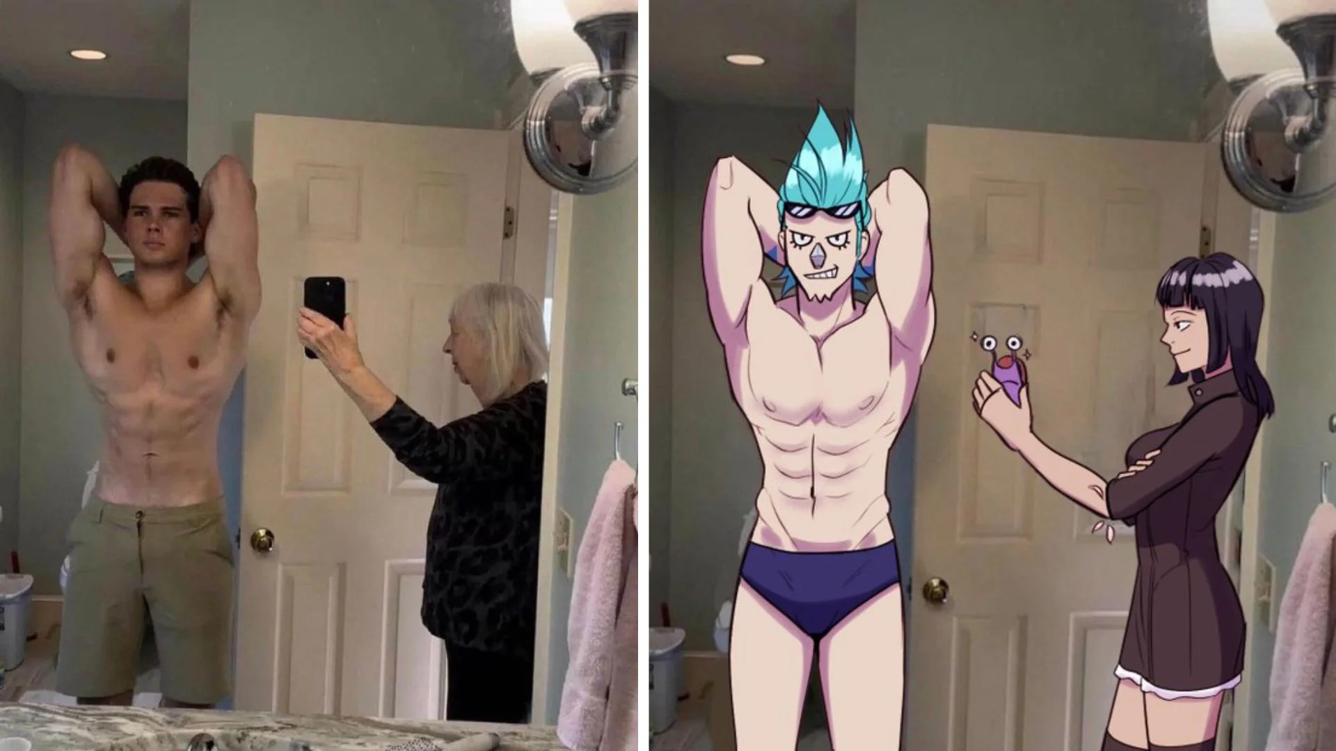 Grandma Taking Photo of Grandson In Bathroom Mirror — Side-by-side comparison of the original grandma-taking-photo meme next to its anime-style fan art redraw.
