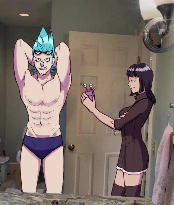 Grandma Taking Photo of Grandson In Bathroom Mirror — One Piece-style anime fan art version of the bathroom mirror meme.
