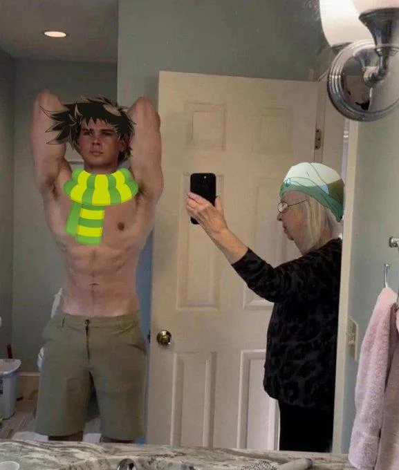 Grandma Taking Photo of Grandson In Bathroom Mirror — Pokemon-themed drawing overlay on the grandma photographing grandson meme.