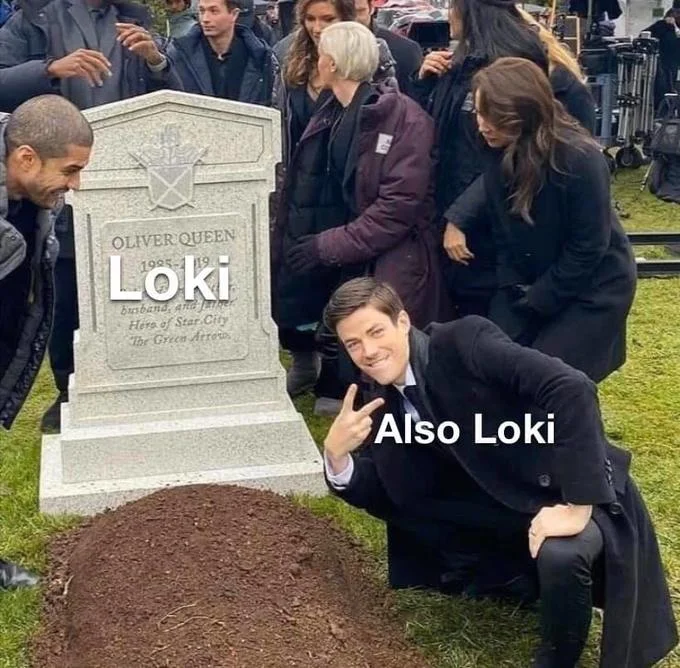 Grant Gustin Next To Oliver Queens Grave — Grant Gustin next to grave labeled 'Loki' with 'Also Loki' caption about resurrection.