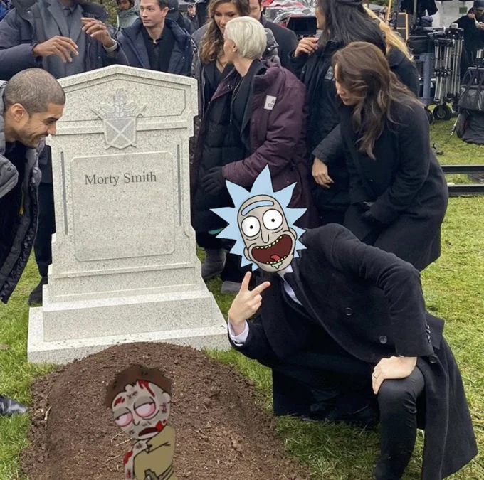 Grant Gustin Next To Oliver Queens Grave — Grant Gustin next to grave labeled 'Morty Smith' with Rick and Morty character overlay.
