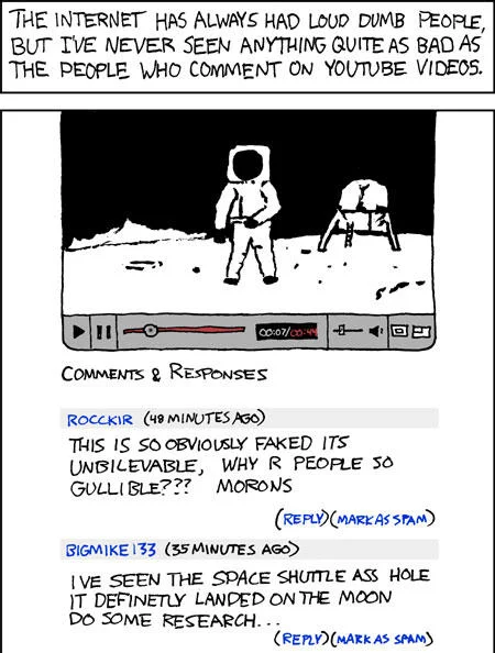 Greater Internet Fuckwad Theory — Webcomic commentary on aggressive YouTube comments with two astronauts and hostile responses section.