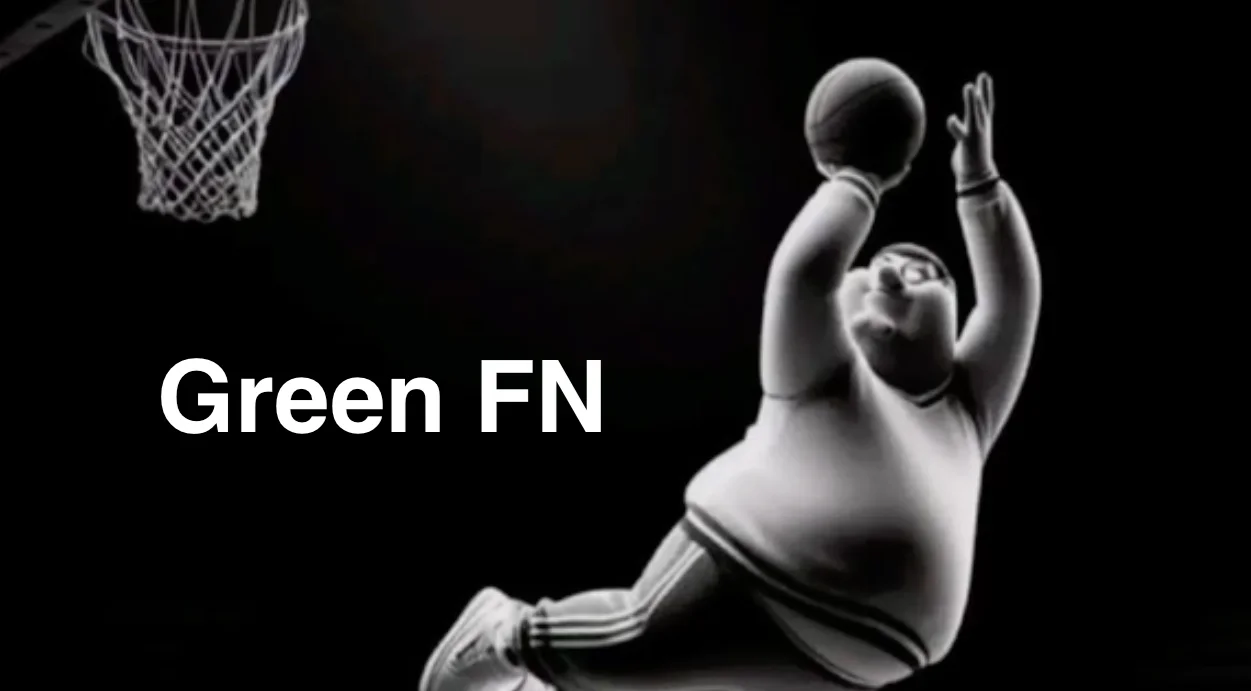 Green FN (Slang) — Black and white photo of a heavyset basketball player jumping toward a hoop with the text 'Green FN' overlaid.