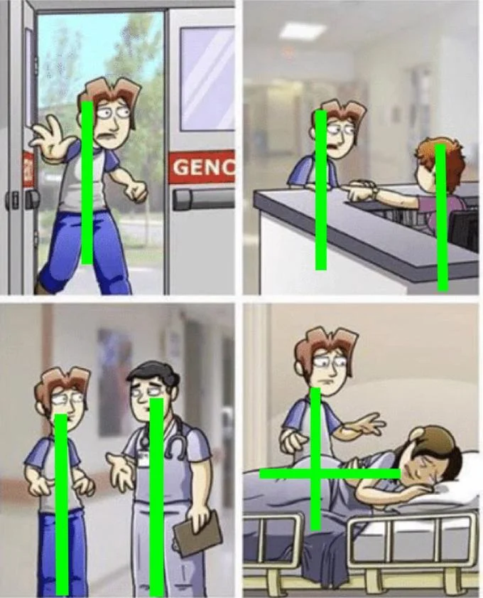 Green Line Test — Four-panel Loss comic with green vertical test lines drawn through each character.