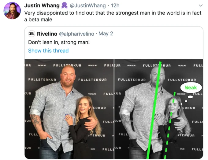 Green Line Test — Justin Whang quote tweet mocking the Rivelino 'Don't lean in, strong man!' post.