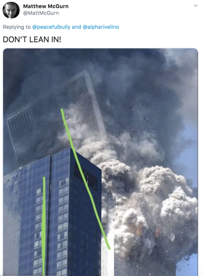 Green Line Test — Tweet captioned 'DON'T LEAN IN!' showing the 9/11 South Tower collapsing with green lines over it.