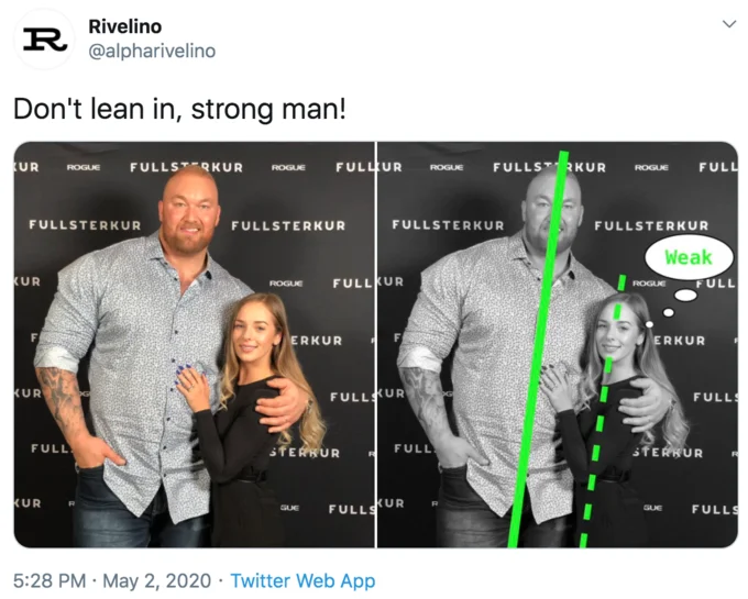 Green Line Test — Tweet from Rivelino reading 'Don't lean in, strong man!' with an attached green-line test image.