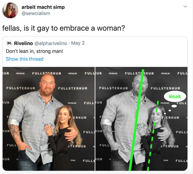 Sewcialism quote tweet joking 'fellas, is it gay to embrace a woman?' over the Green Line Test image.