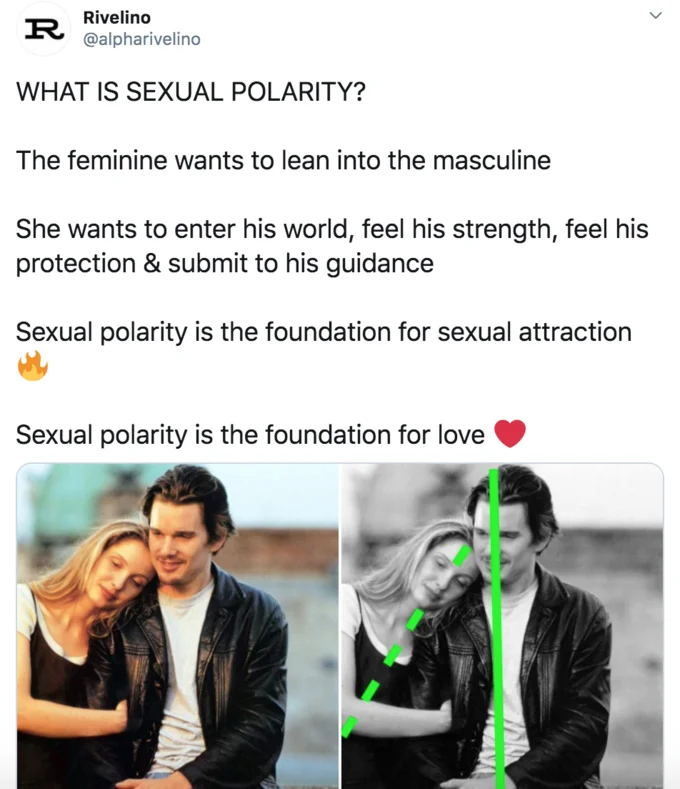 Green Line Test — Tweet about sexual polarity with a green-line test applied to a Before Sunrise couple photo.