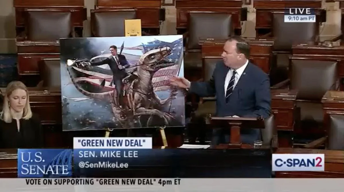 Green New Deal — Senator Mike Lee presenting Reagan-on-tauntaun image during Senate speech
