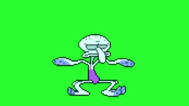 Green Screen Edits — Pixelated sprite-style animation of Squidward dancing against vivid chroma-key green background.