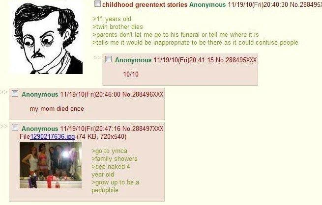 4chan thread of childhood greentext stories showing multiple short anonymous posts.
