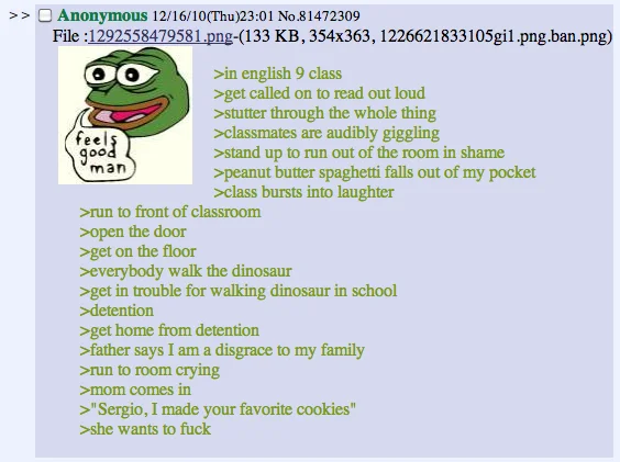 Greentext Stories — Greentext story with Feels Good Man Pepe featuring absurdist school-day punchlines.