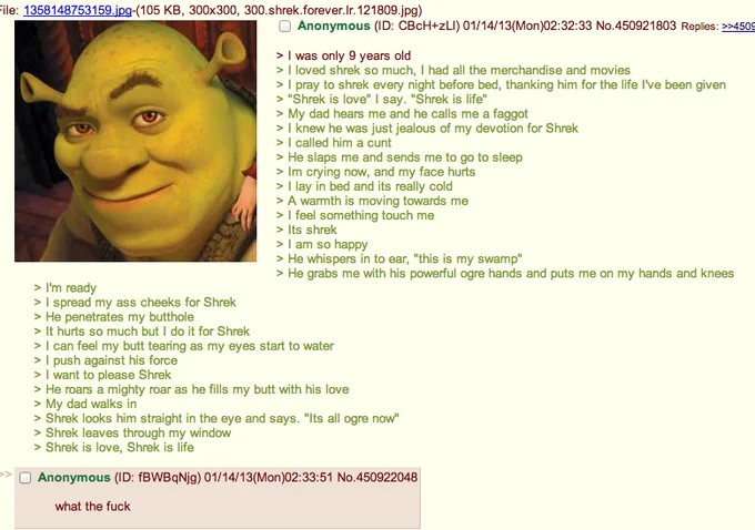 Greentext Stories — The 'Shrek is love, Shrek is life' greentext post next to an image of Shrek.