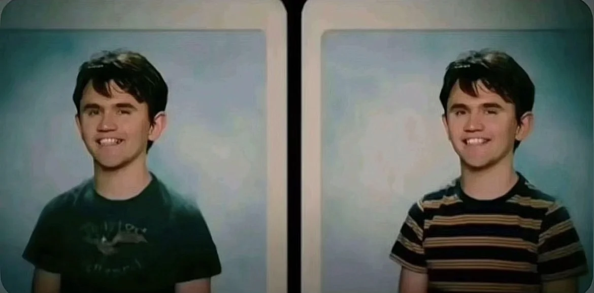 Greg Heffley Yearbook Photo — Distorted parody edit of the Greg Heffley yearbook side-by-side photos with stretched faces.