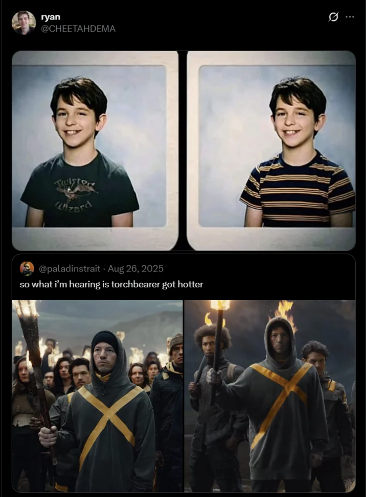 Tweet comparing Greg Heffley yearbook photos with two images of a hooded torchbearer figure captioned 'torchbearer got hotter'.
