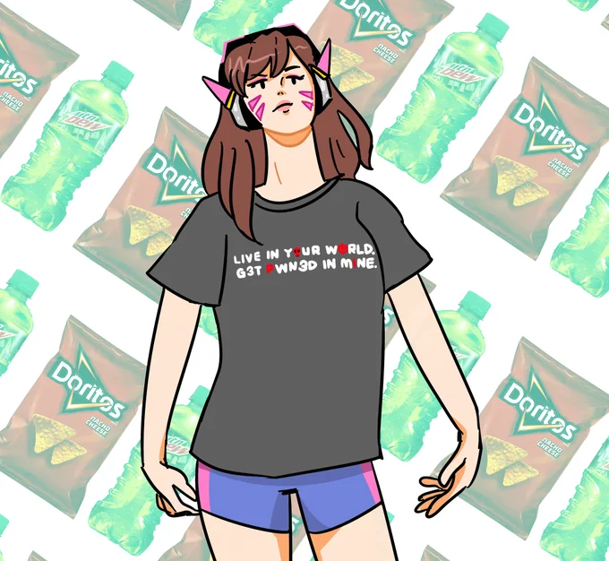 Gremlin Dva — D.Va in gamer slogan t-shirt with Doritos and Mountain Dew background