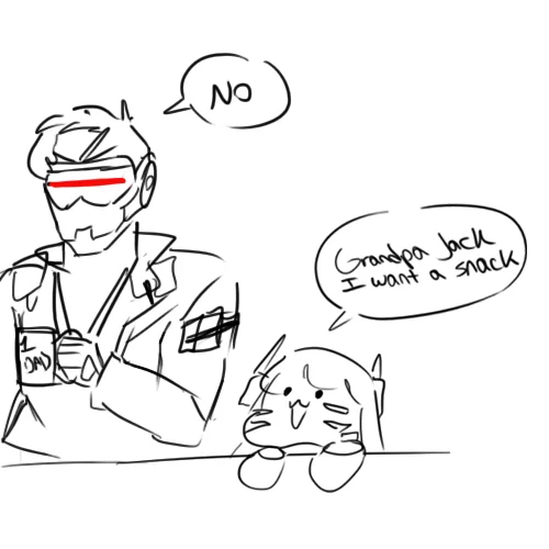Gremlin Dva — Sketch comic of Soldier 76 refusing gremlin D.Va's snack request