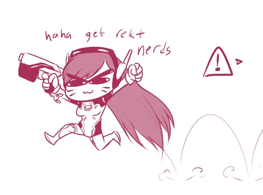Gremlin Dva — Pink sketch of gremlin D.Va running with pistol taunting 'get rekt nerds'