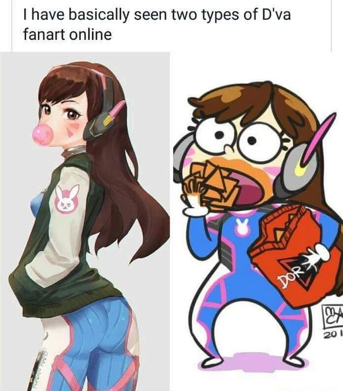Gremlin Dva — Meme comparing sexy D.Va fanart with gremlin D.Va eating Doritos