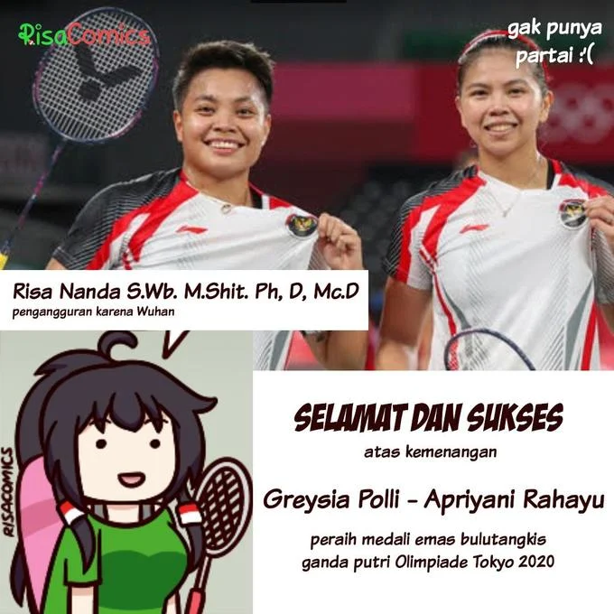 Greysia Polii And Apriyani Rahayu Congratulation Poster Parodies — Parody congratulation poster with athletes in Olympic uniforms and anime character with