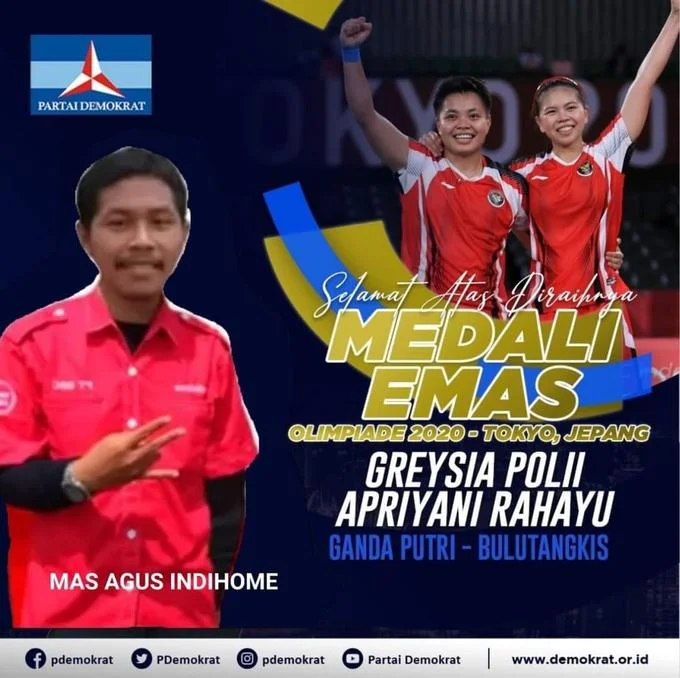 Greysia Polii And Apriyani Rahayu Congratulation Poster Parodies — Parody designed as Democratic Party campaign poster with party member and athletes'