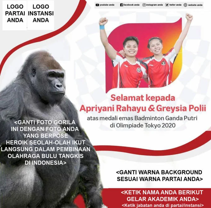Greysia Polii And Apriyani Rahayu Congratulation Poster Parodies — Parody poster mixing gorilla image with athletes and text about free vacation packages.