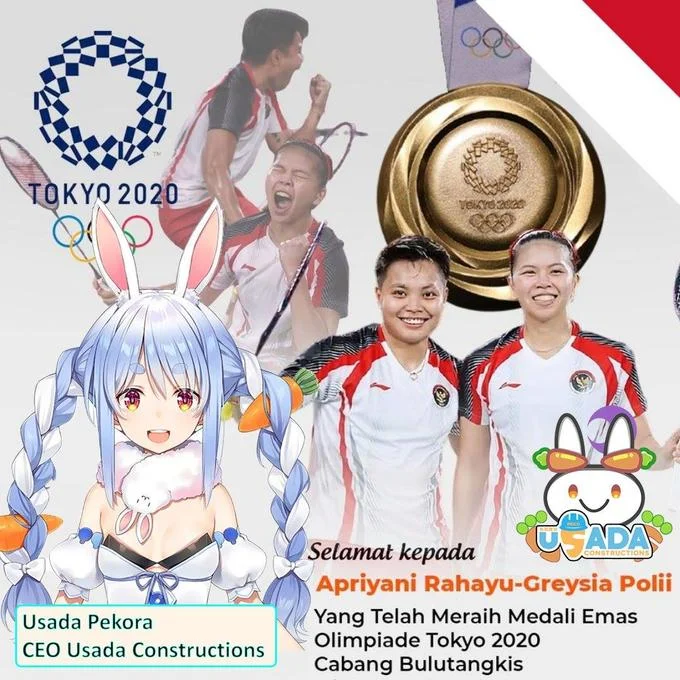 Greysia Polii And Apriyani Rahayu Congratulation Poster Parodies — Parody congratulation poster with badminton medalists alongside Hololive talent agency anime
