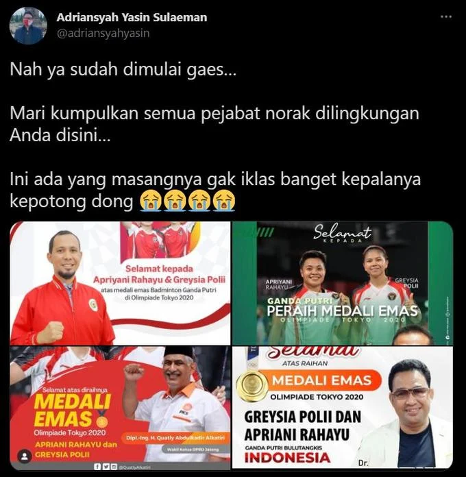 Greysia Polii And Apriyani Rahayu Congratulation Poster Parodies — Twitter screenshot collage of various Indonesian-language congratulation poster parodies.