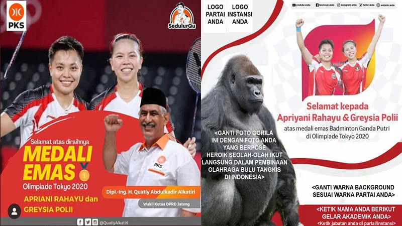 Greysia Polii And Apriyani Rahayu Congratulation Poster Parodies — Template demonstrating congratulation poster parody format with athletes' photo and