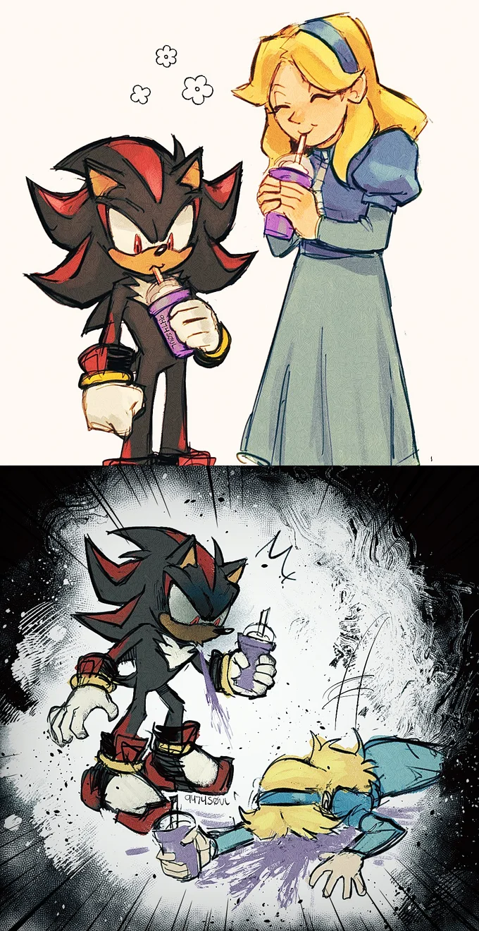 Comic strip showing animated characters with purple Grimace Shake drink as plot device.