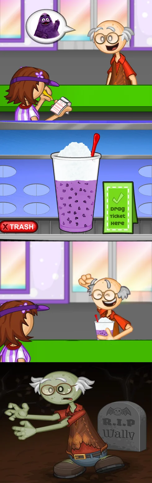Grimace Shake — Photograph of multiple people in outdoor settings posing with purple-colored drinks.