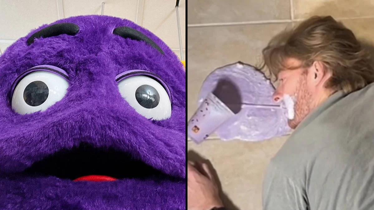 Grimace Shake — Split-panel reaction meme showing Grimace's shocked expression contrasted with person enthusiastically drinking purple shake.