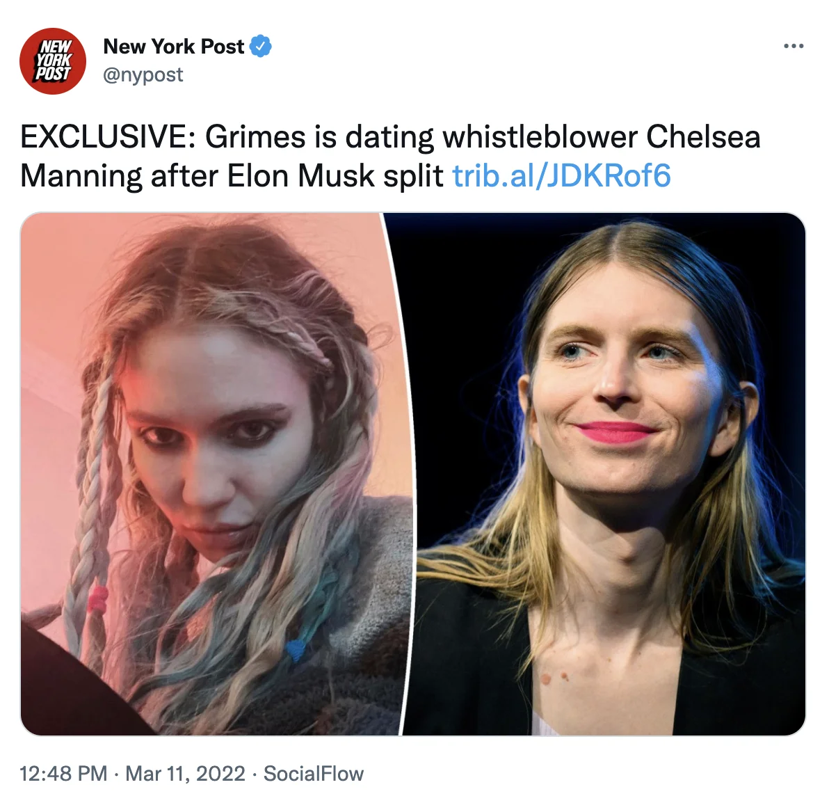 New York Post tweet reporting Grimes is dating Chelsea Manning after splitting from Elon Musk