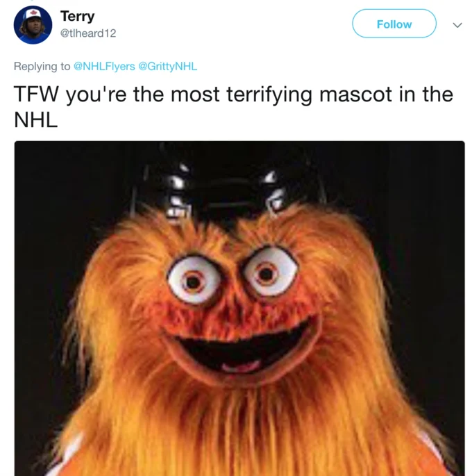 Tweet screenshot calling Gritty the most terrifying mascot in the NHL with dark portrait of the character