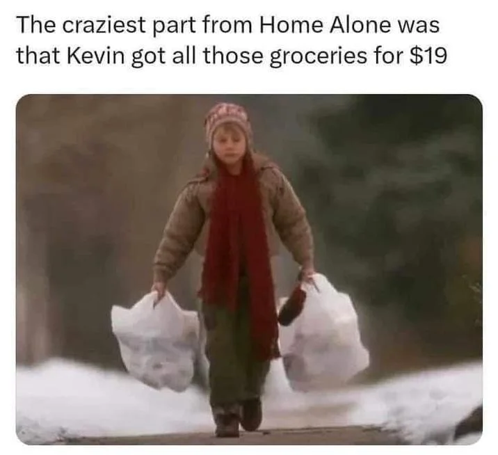 Grocery Store Prices — Home Alone Kevin in winter coat with text about 1990s grocery list inflation