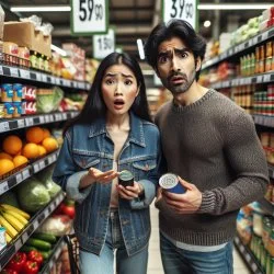 Grocery Store Prices — Two shoppers in grocery store with concerned expressions examining items and shelving with visible prices.