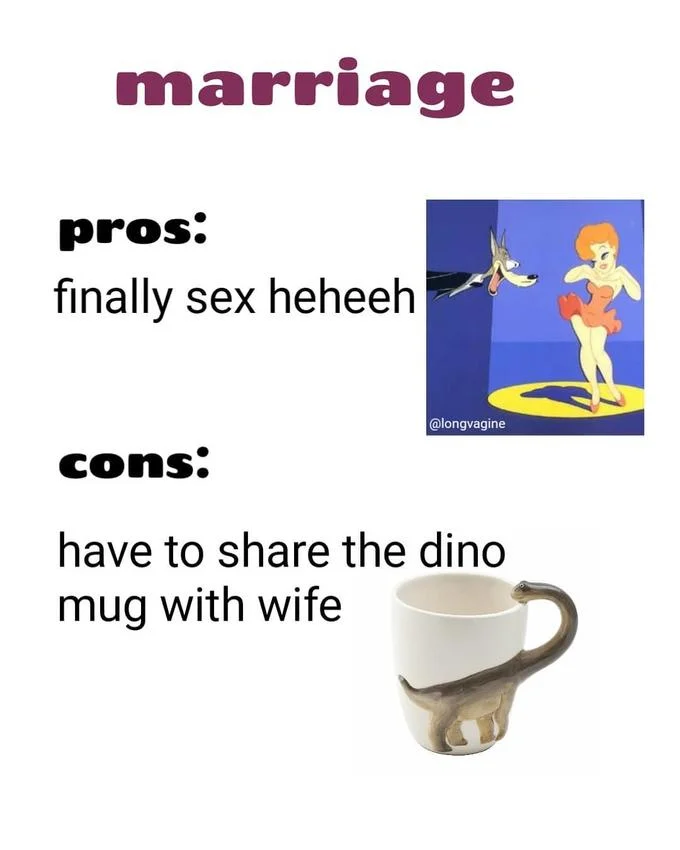 Gromit Mug — Marriage pros and cons meme with dinosaur mug as final con about sharing with wife.