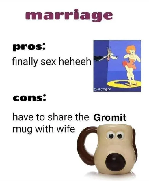 Marriage pros and cons meme featuring Gromit Mug as ultimate drawback of sharing with spouse.