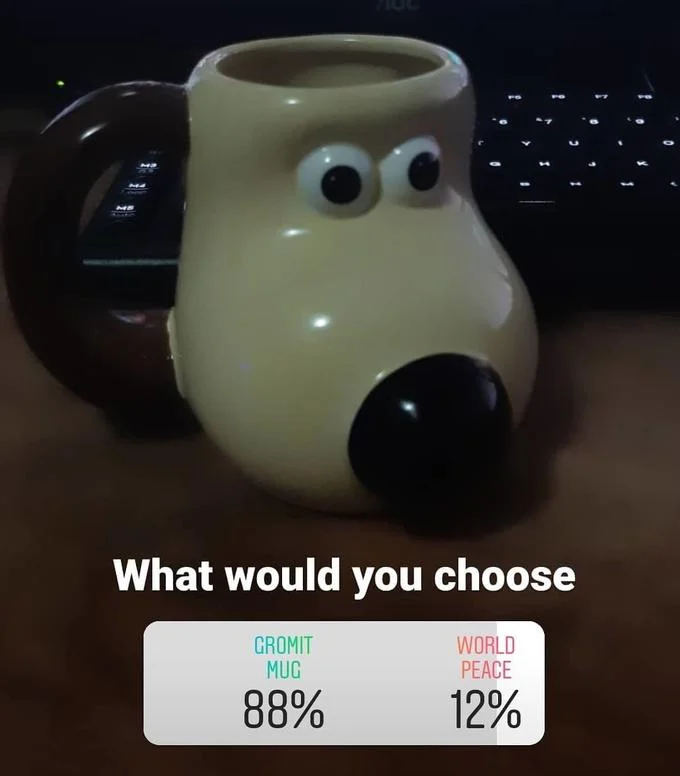 Voting poll meme 'What would you choose' between Gromit Mug and World Peace with Gromit winning 88%.