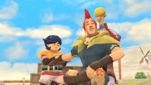 Grooses Theme Goes With Everything — Wide in-game screenshot from Skyward Sword featuring Groose prominently with red pompadour and confident pose against blue