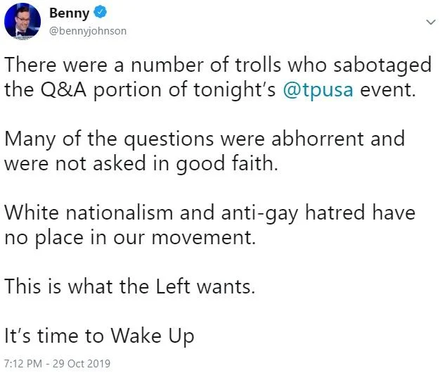 Groyper — Benny Johnson tweet criticizing trolls at TPUSA event