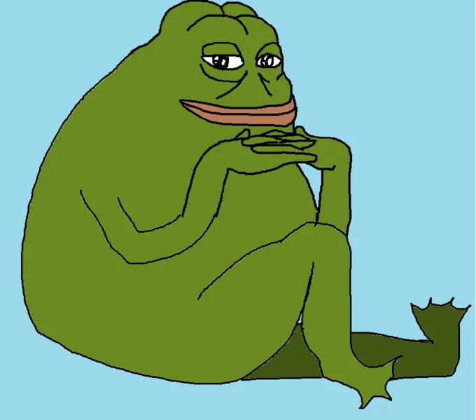Full-body cartoon of Groyper the toad sitting with chin on hands