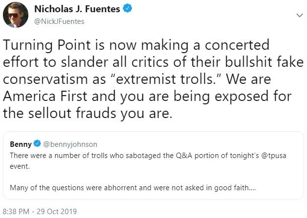 Groyper — Nick Fuentes tweet accusing Turning Point USA of slander
