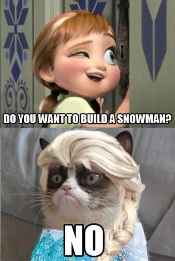 Frozen crossover meme with Anna asking to build snowman and Grumpy Cat responding 'No.'